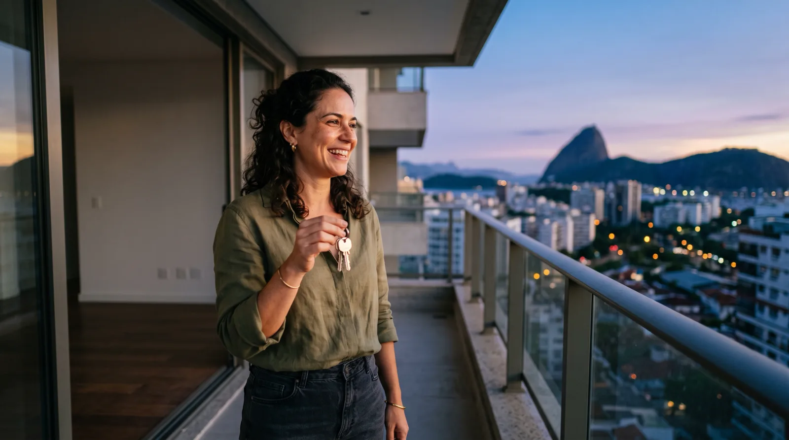 Cliente com as chaves do apartamento novo após a contemplação