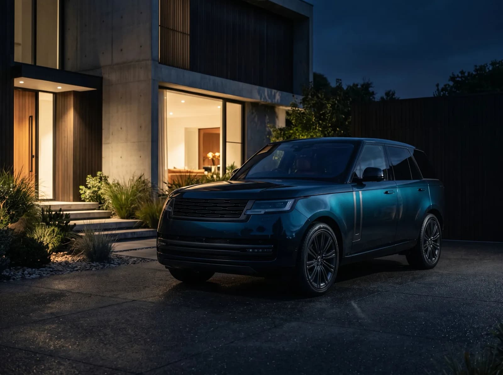SUV premium em frente a uma residência moderna à noite