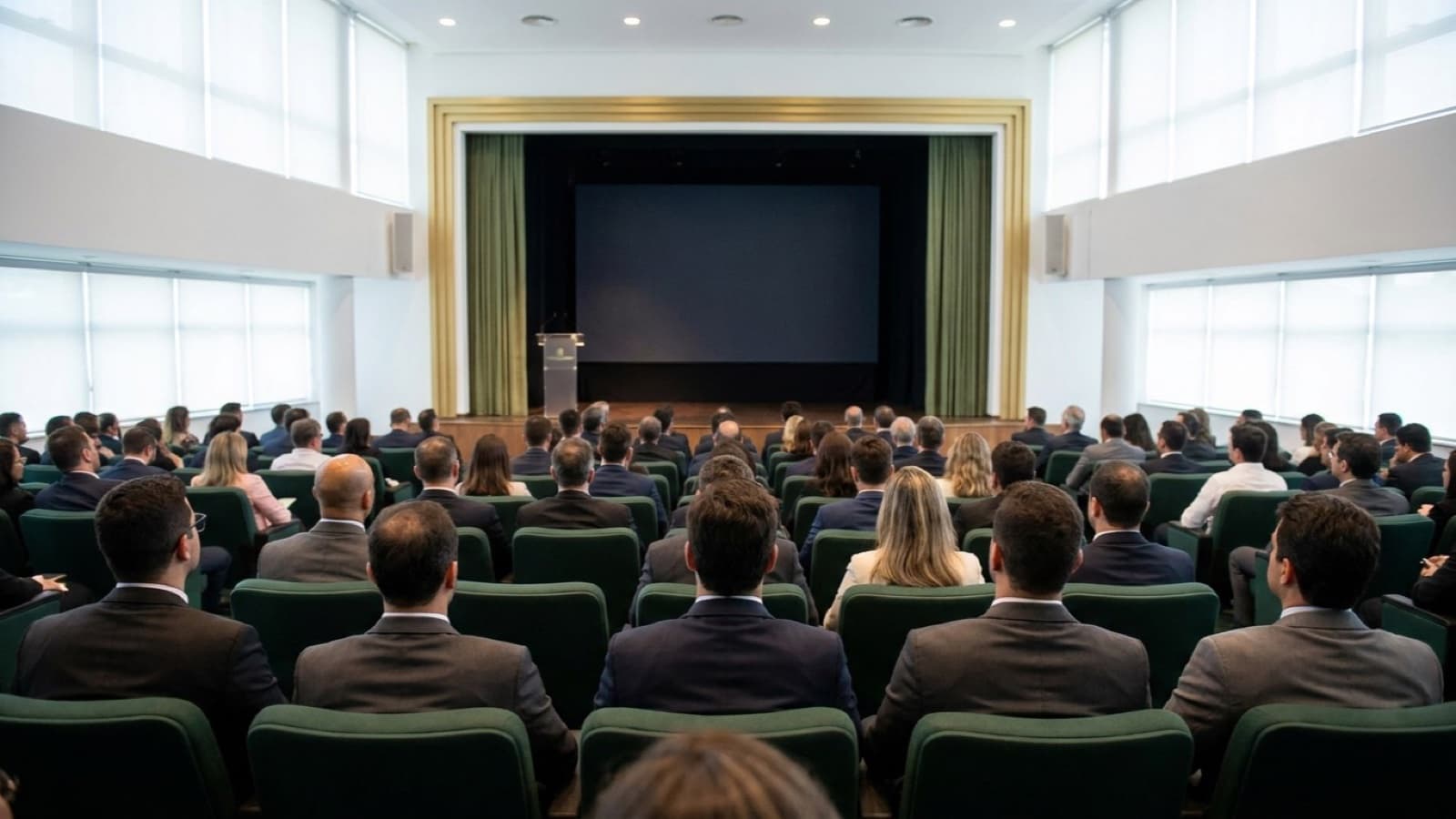Auditório de assembleia com plateia atenta