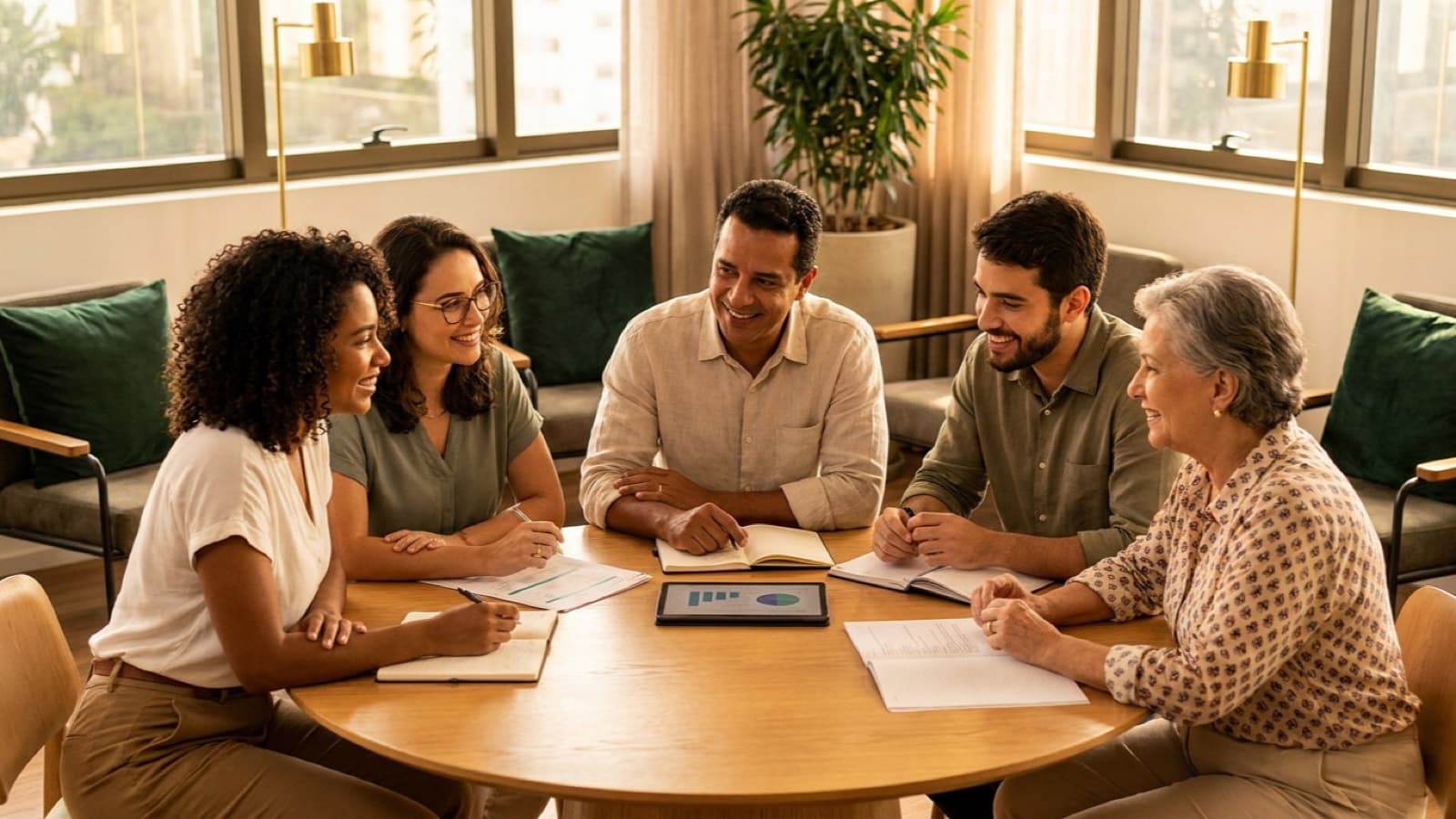 Grupo de pessoas reunidas em volta de uma mesa planejando um consórcio