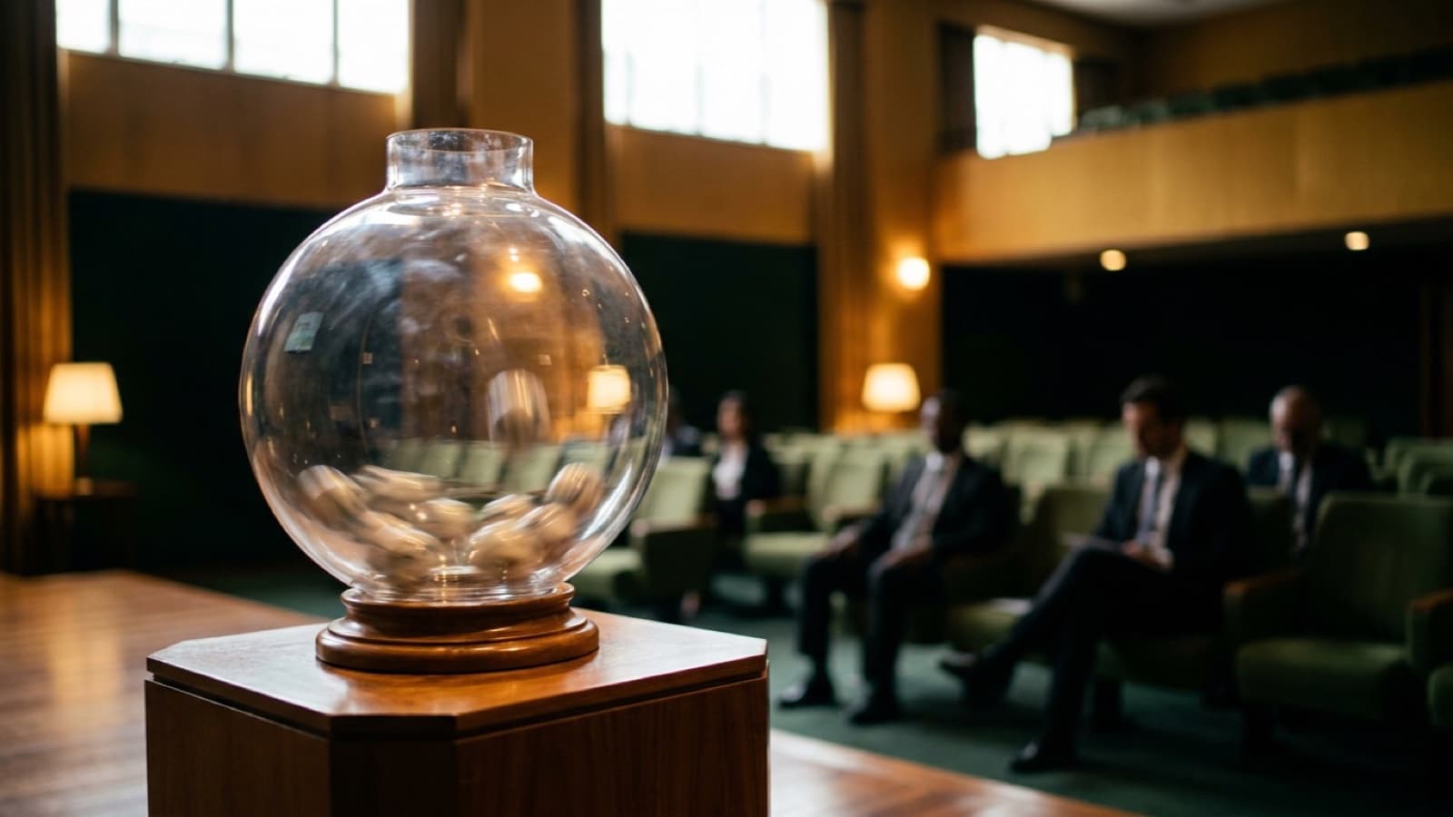 Globo de sorteio girando em um auditório