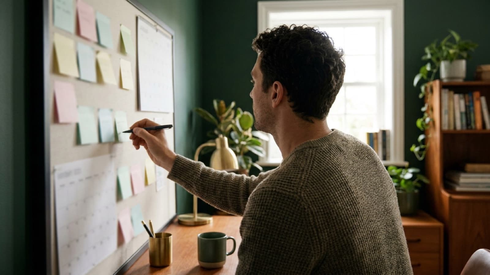 Homem planejando lances num calendário de parede