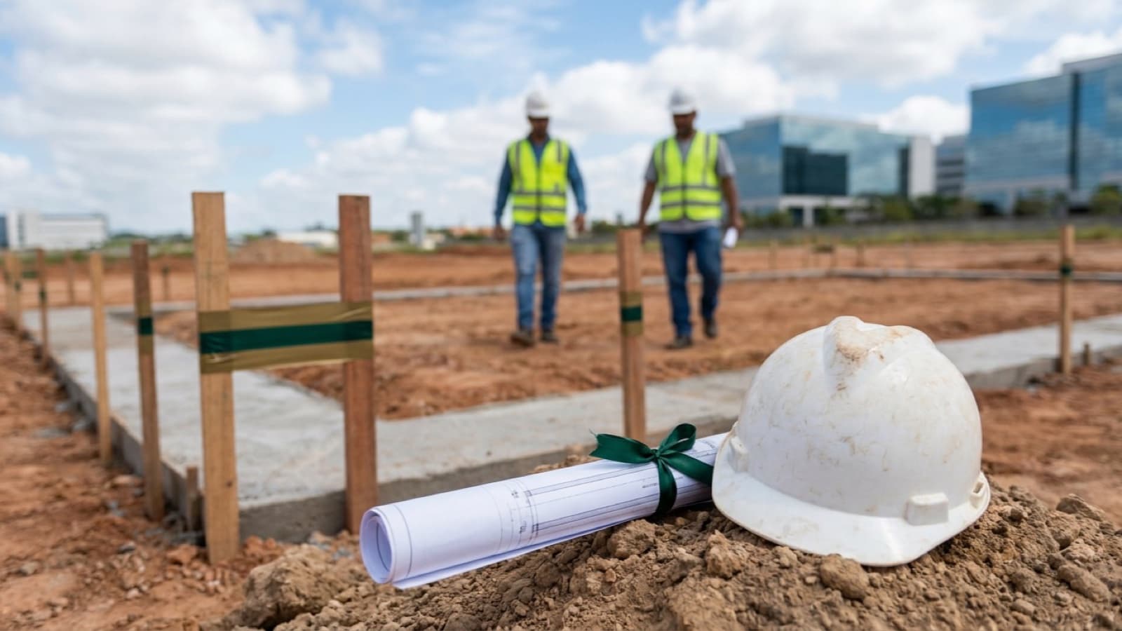 Terreno com fundação iniciada e planta enrolada
