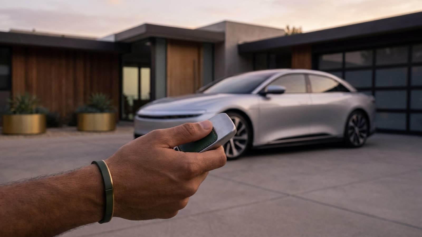 Carro novo estacionado em frente a uma casa ao amanhecer