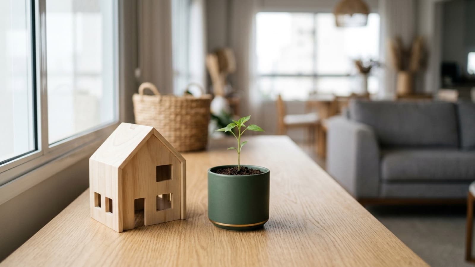 Miniatura de casa ao lado de uma muda crescendo, consórcio como estratégia patrimonial