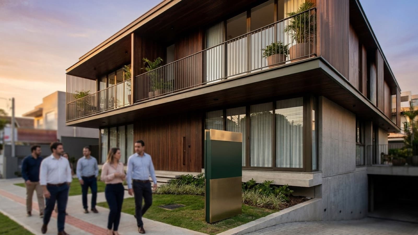 Prédio residencial moderno com placa em branco