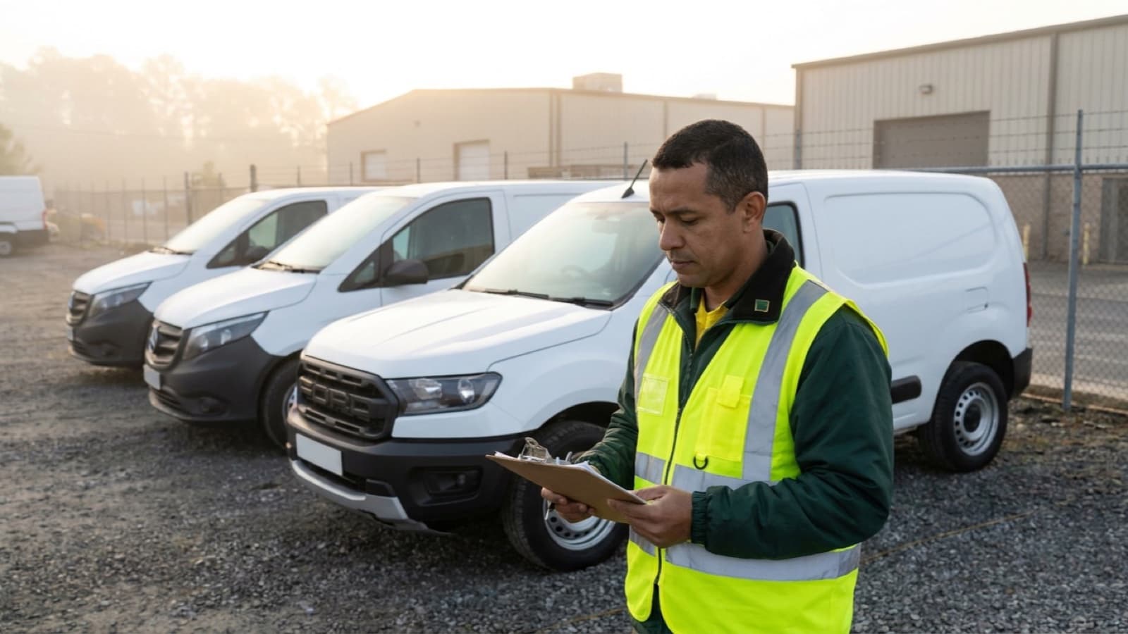 Frota de vans novas no pátio de uma empresa