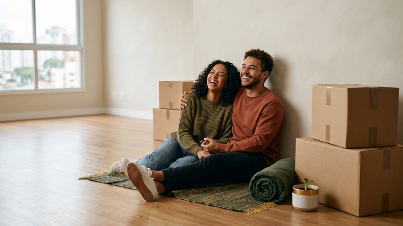 Casal jovem no chão do primeiro apartamento vazio