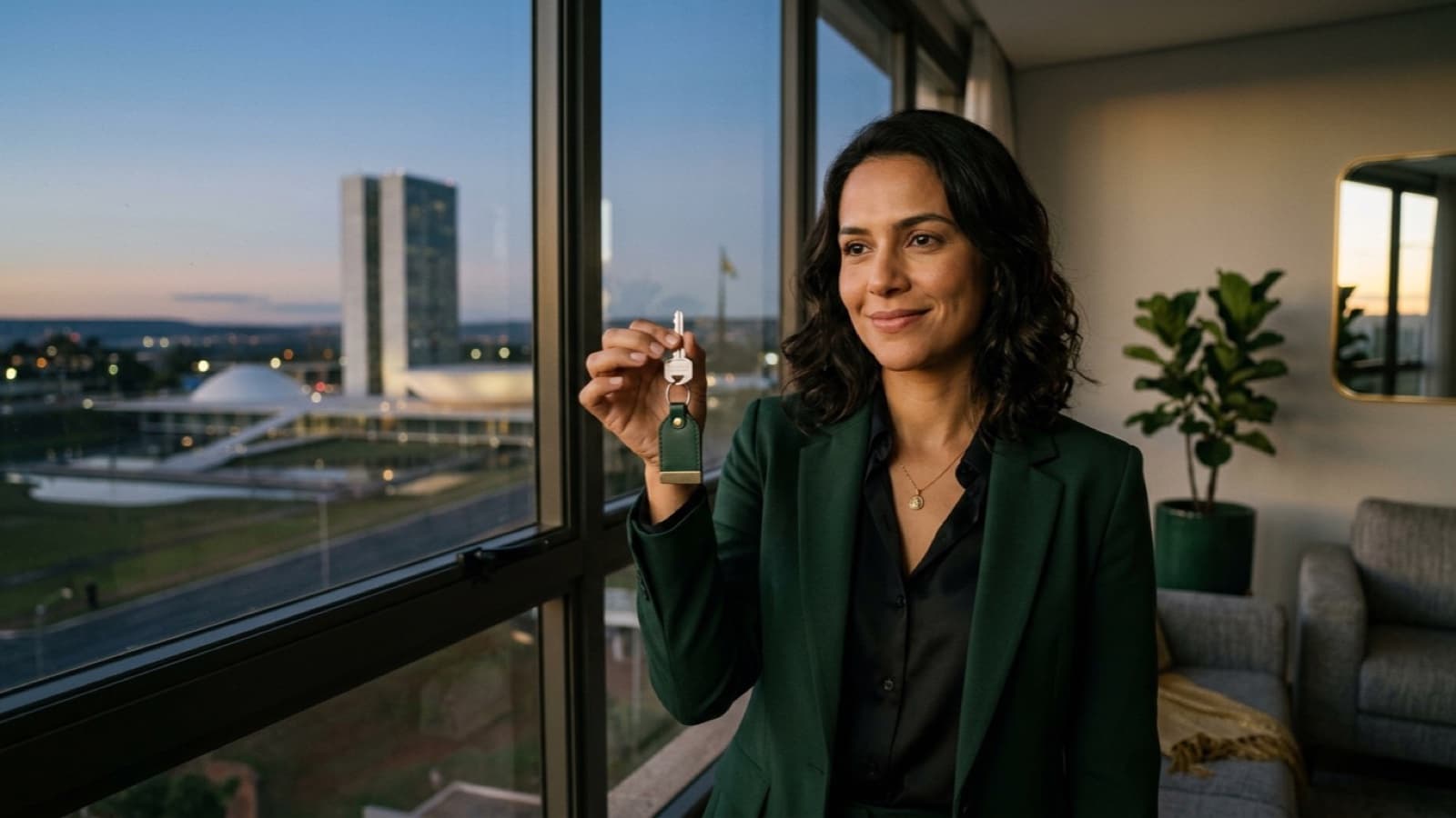 Mulher segurando a chave de um apartamento novo com Brasília ao fundo