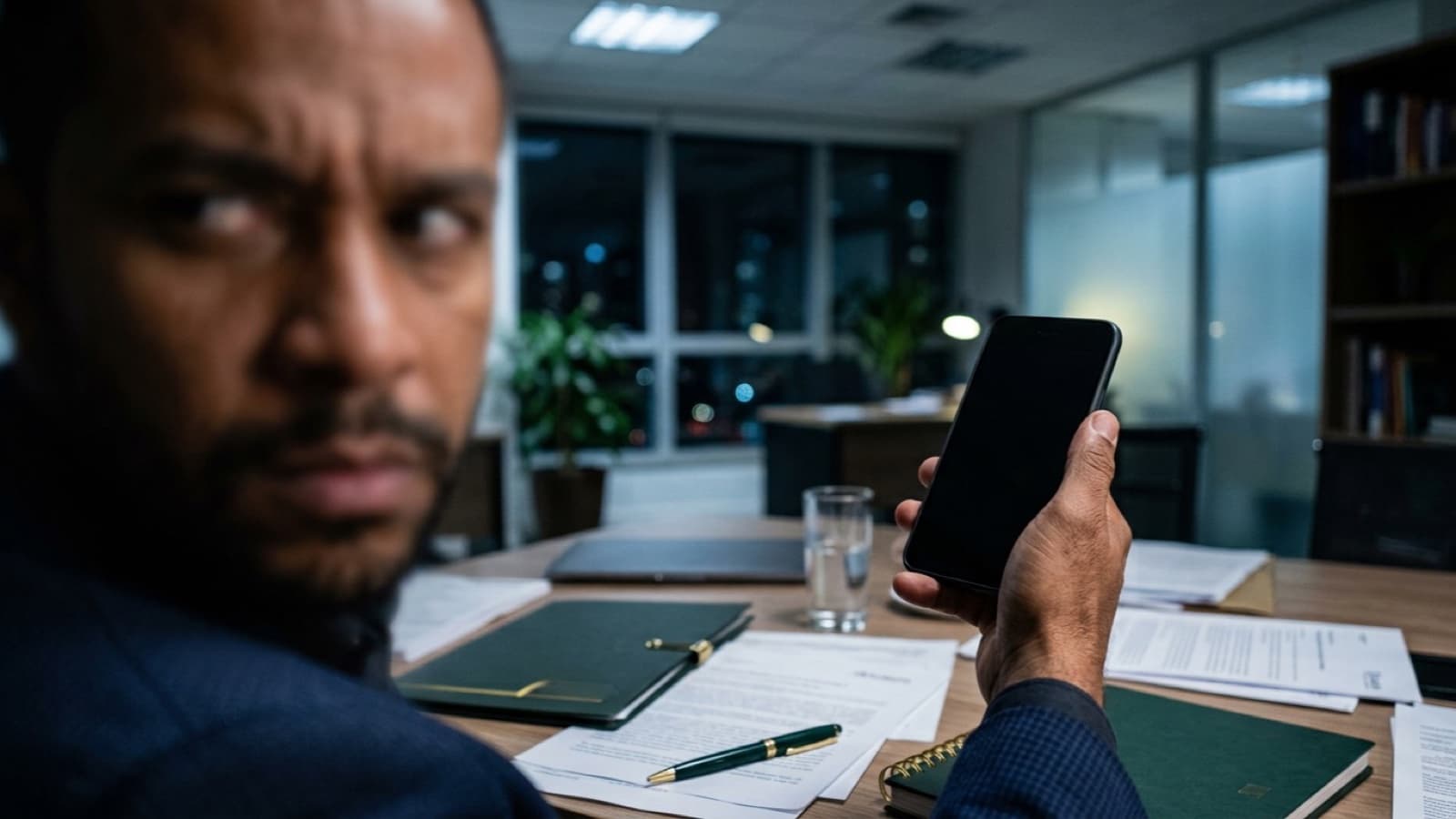 Homem desconfiado olhando o celular diante de documentos