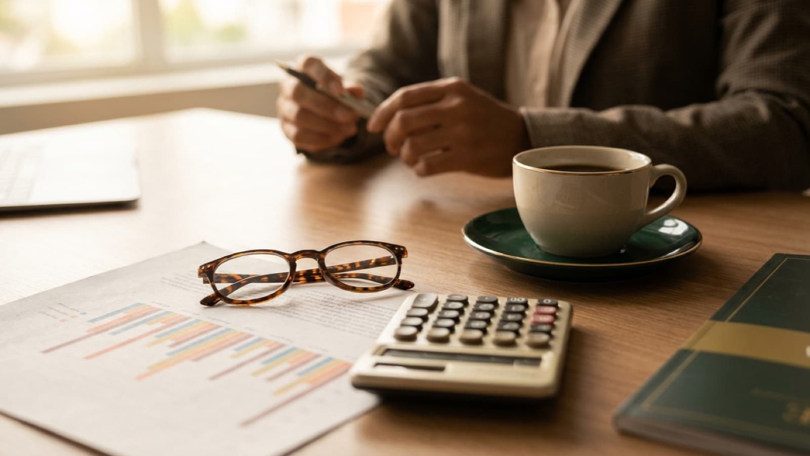 Calculadora e gráfico sobre a mesa, calculando o custo do consórcio