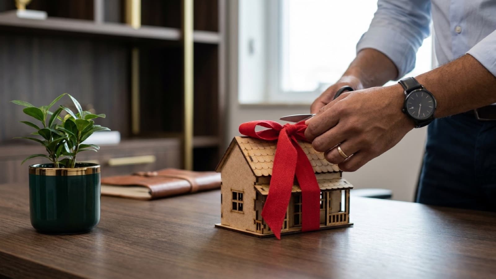 Tesoura cortando a fita ao redor de uma miniatura de casa